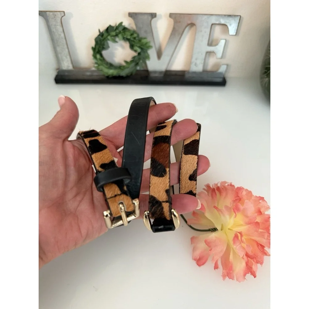 Banana Republic Dyed Calf‎ Hair Faux Leather Brown Skinny Belt Leopard Print XS